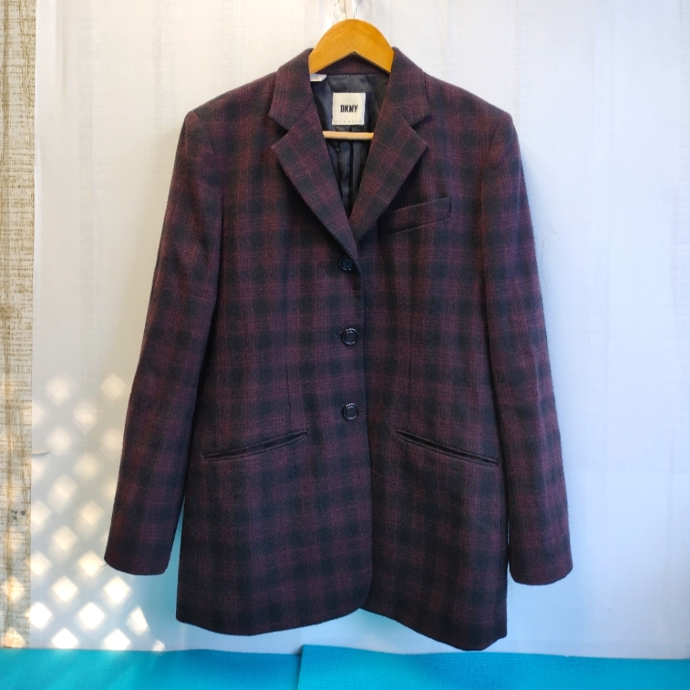 DKNY Burgundy and Navy Plaid Single-Breasted Blazer